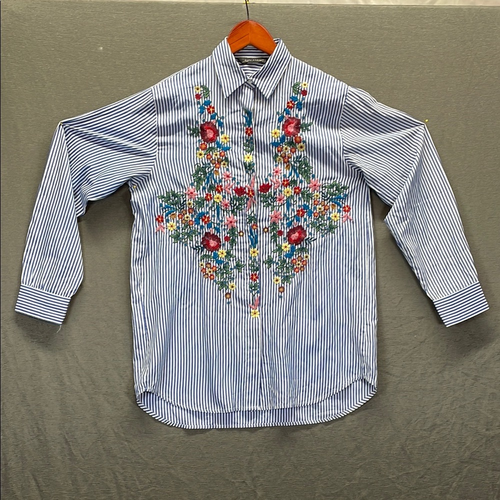 Zara Blue and Red Floral‎ Embroidered Casual Shirt